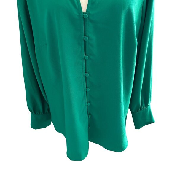 Ann Taylor Women's Emerald Green V Neck Blouse Sz XL Top Button Up Long Sleeve - Picture 6 of 9